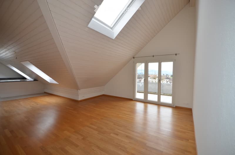 Empty attic room with wooden flooring, white walls, skylights, and large sliding glass doors leading to a balcony.