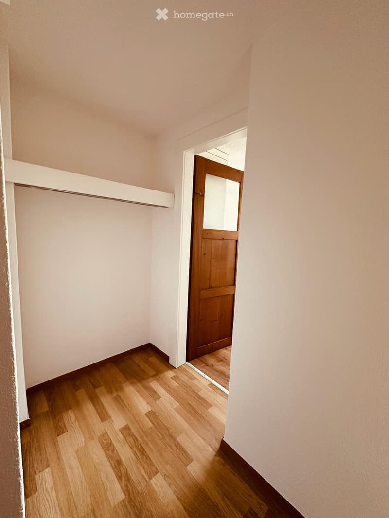 Empty hallway with light wooden flooring and light-colored walls, featuring a wooden door leading to another room.