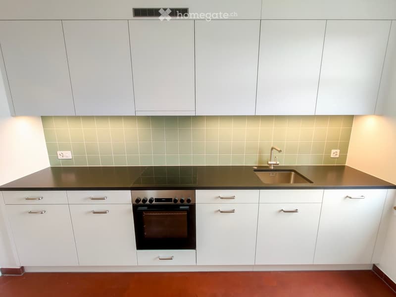 Modern kitchen with white cabinets, dark countertop, stainless steel sink, and built-in oven.