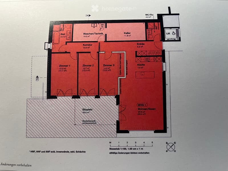 Floor plan of a residential unit with three bedrooms, a living/dining area, kitchen, bathroom, hallway, and utility space.