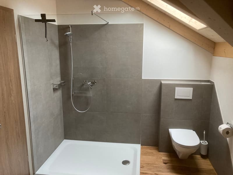 Modern bathroom with a bathtub, toilet, and shower area featuring grey tiles and a glass enclosure. Wooden flooring and white walls.
