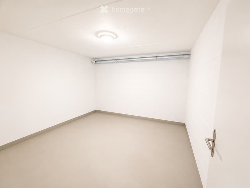 Empty room with white brick walls, beige floor, and a single ceiling light fixture.