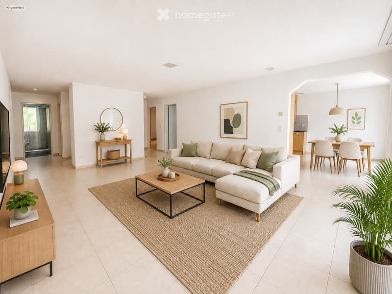 Modern living room with a white sectional sofa, coffee table, side tables, dining area with chairs and table, and decorative plants.