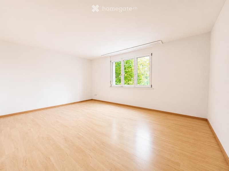 Empty room with light wooden flooring and white walls, featuring a large window with a view of greenery outside.
