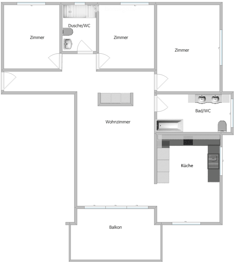 3 bedrooms, living room, kitchen, bathroom, balcony