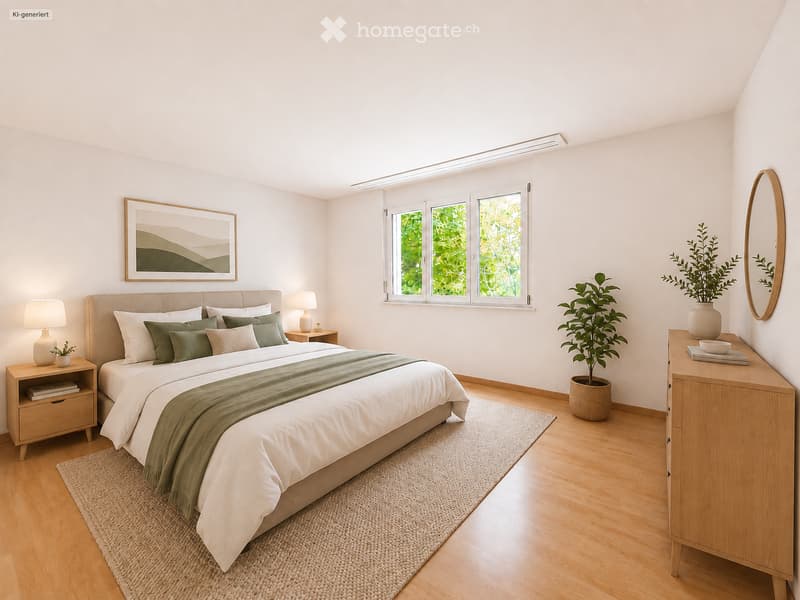 A modern, well-lit bedroom with a large bed, nightstands, lamps, a mirror, and decorative plants. The room features wooden flooring, large windows with a view of greenery, and a cozy, neutral color palette.
