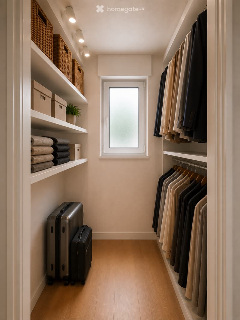 Well-organized walk-in closet with built-in wardrobe, shelves, and storage baskets. Features a large window, neatly arranged clothing, folded towels, and two suitcases on the floor.