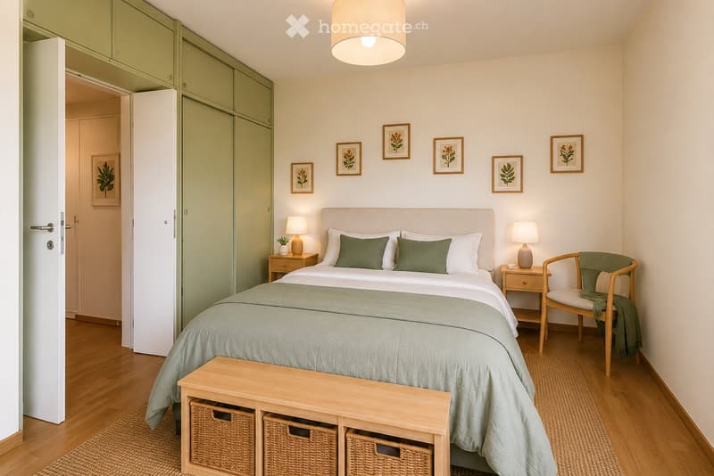 Cozy bedroom with a neatly made bed, nightstands, a wooden chair, and a small table with woven baskets underneath.