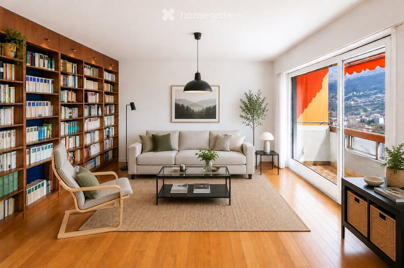 Modern living room with large windows offering a scenic view, featuring a beige sofa, wooden coffee table, armchair, bookshelf, and decorative plants.