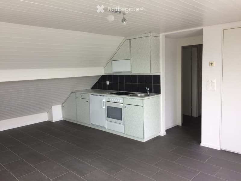 Modern kitchen with grey cabinets, black tiled backsplash, dark tiled floor, and built-in oven and sink.