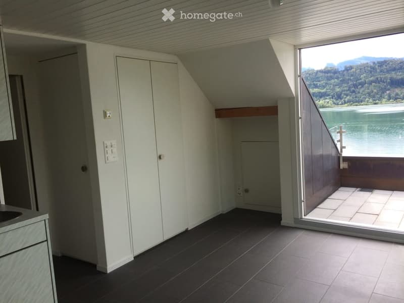Bright, unfurnished room with dark tiled flooring, white walls, built-in closet, and large window offering a scenic view of a lake and mountains.