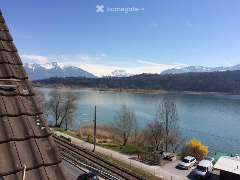 View from a rooftop showing a serene lake surrounded by snow-capped mountains, with a road running alongside and parked cars visible.
