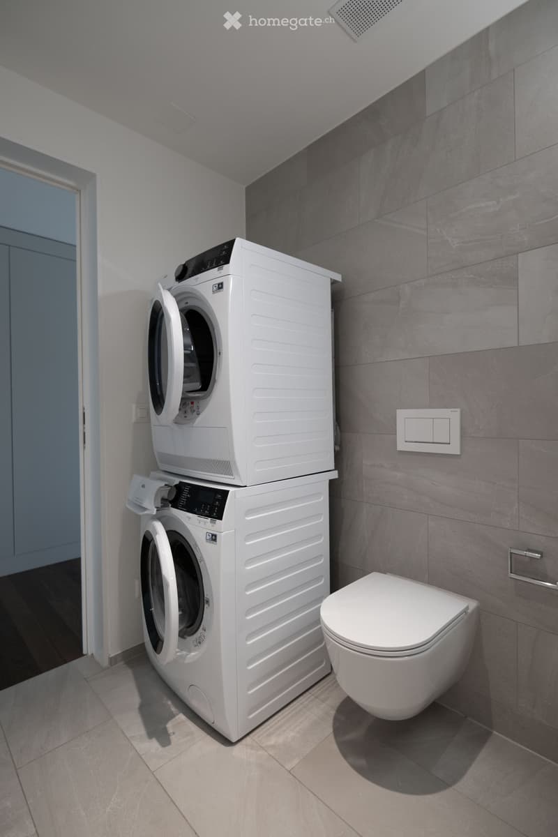 Modern bathroom with a white washing machine and a toilet, featuring grey tiled walls and a light-colored floor.