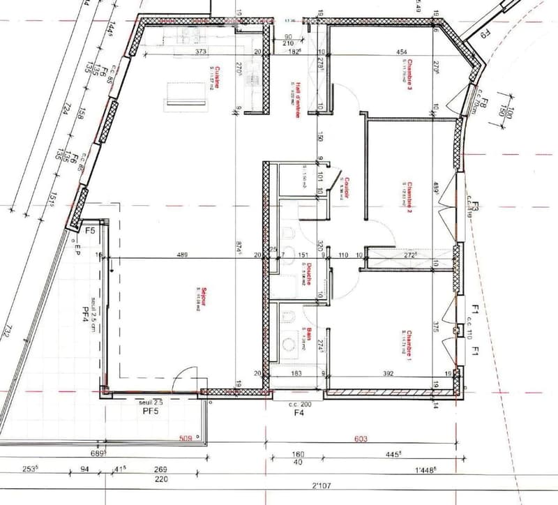 Floor plan showing a layout with multiple rooms including a hallway, three bedrooms, a bathroom, and a living area.