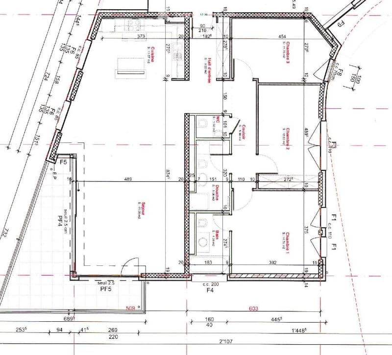 Floor plan of a building with multiple rooms including a kitchen, living room, bedrooms, bathrooms, and a hallway.