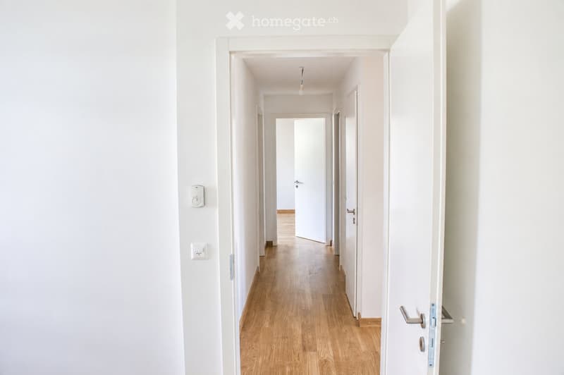 A clean, well-lit hallway with white walls, wooden flooring, and several doors leading to other rooms.