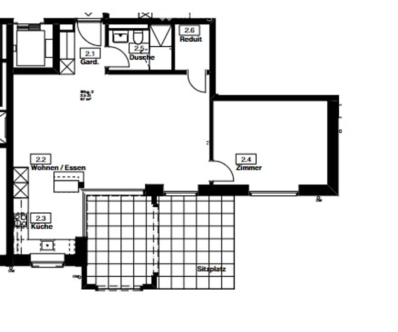Floor plan of a multi-room apartment with labeled areas including living/dining room, kitchen, bedroom, hallway, and bathroom.