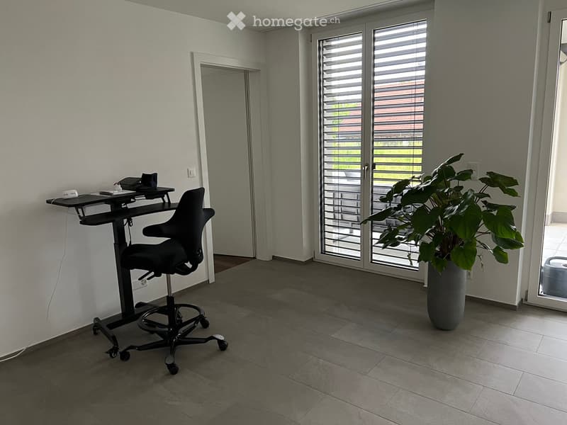 A modern, minimalist room with a grey tiled floor, white walls, and large windows with blinds. A black ergonomic chair and a standing desk are positioned near the window, with a tall potted plant in the corner.
