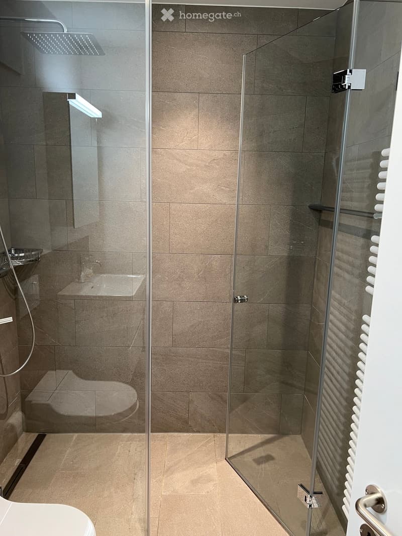 Modern bathroom with a glass-enclosed shower, a toilet, and a towel rack. The shower features a handheld showerhead and a built-in seat. The walls and floor are tiled in a warm beige color.