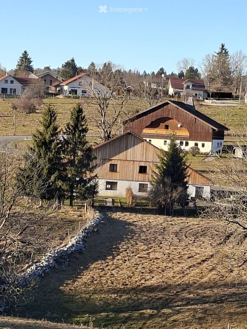 A rural house with a wooden exterior and a barn-like structure, surrounded by trees and other houses in a countryside setting.