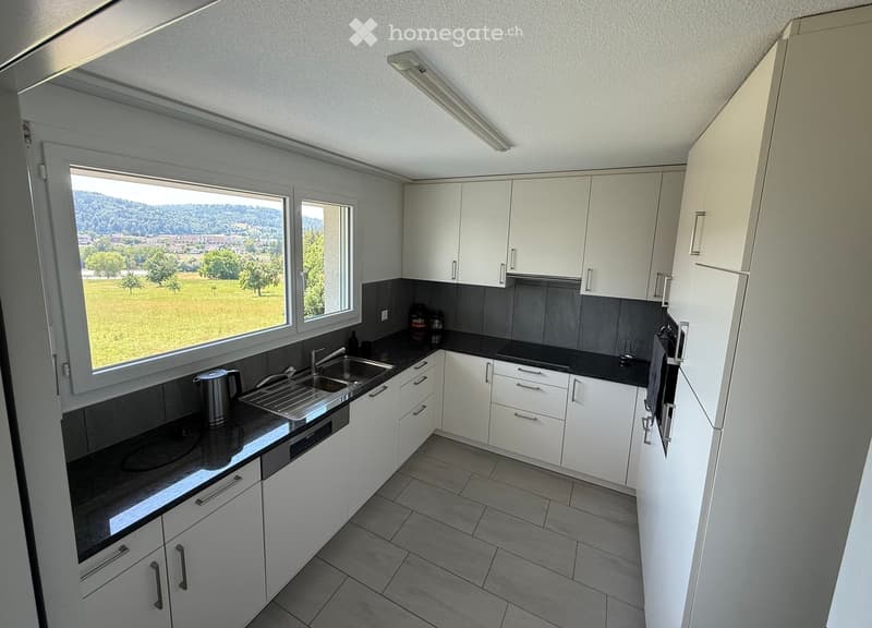 Modern kitchen with white cabinets, black countertops, and stainless steel appliances. Features a large window with a scenic view of a green field and trees.