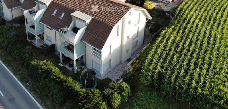 Aerial view of a modern two-story house with white walls, brown tiled roof, and multiple balconies. The house is surrounded by greenery, including a trampoline in the front yard.