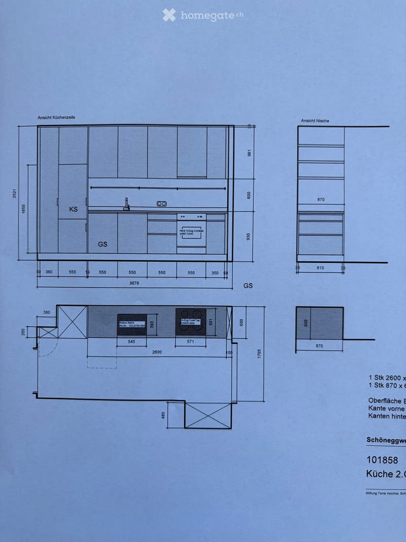 Floor plan of a kitchen with labeled dimensions and appliance placements, including a cooktop, cabinets, and a niche.