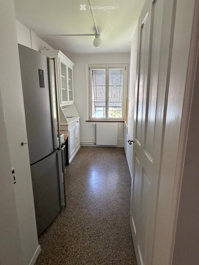 Carpeted hallway with white walls, a window with blinds, and a radiator below it. A refrigerator and cabinets are visible to the left.