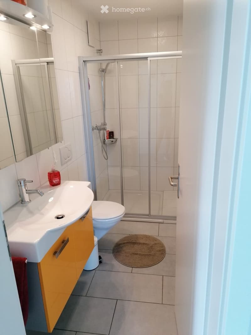Modern bathroom with white tiles, a white sink with a silver faucet, a toilet, a glass-enclosed shower, a mirror, and a round bath mat on the floor.