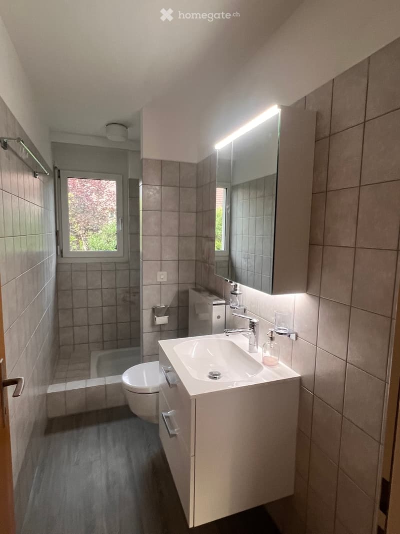 Modern bathroom with a white sink, chrome faucet, large mirror with built-in lighting, toilet, and a small window showing greenery outside.