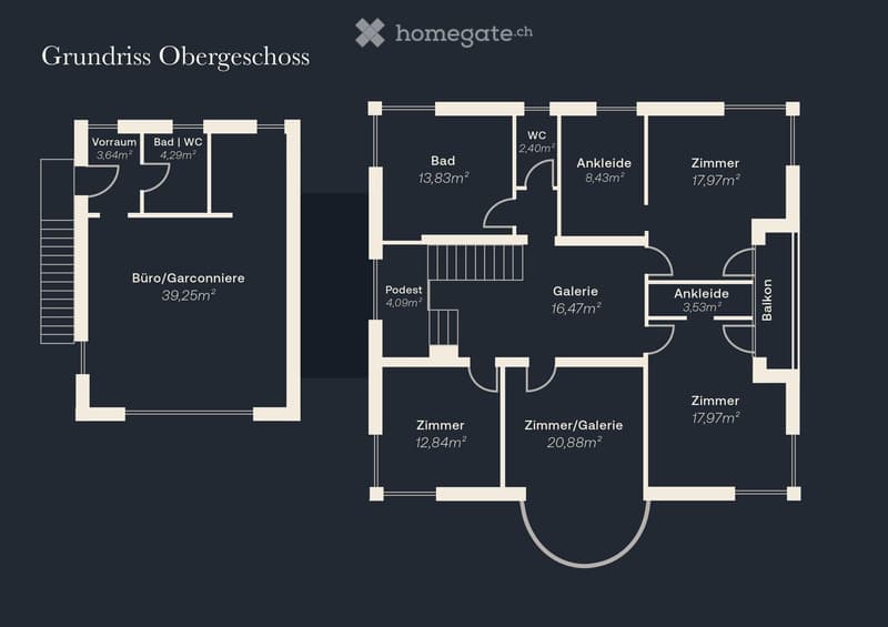 Floor plan of the upper floor showing a hallway, office, bathroom, bedroom, gallery, and balcony.