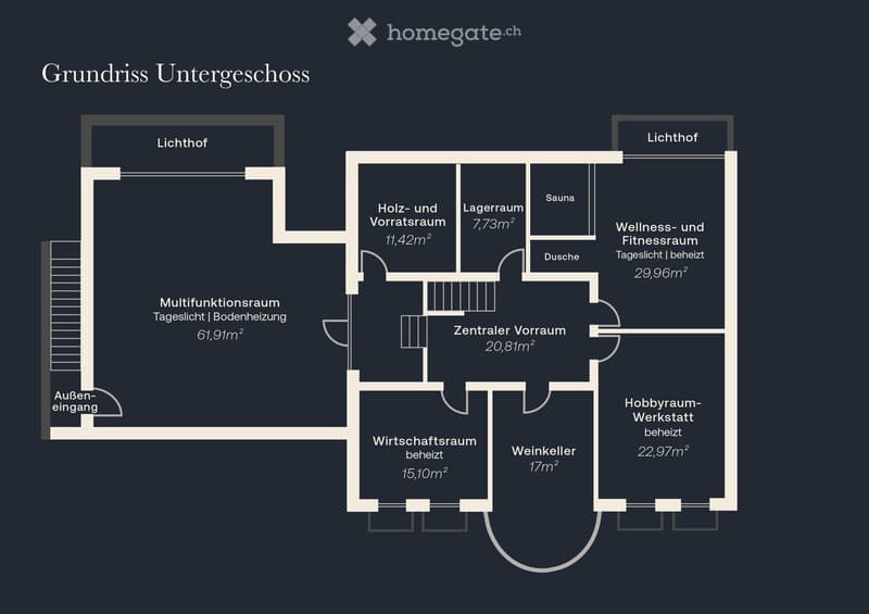 Floor plan of the basement level showing various rooms including a multifunctional space, storage areas, wellness and fitness room, sauna, shower, hobby room, workshop, wine cellar, and utility room.