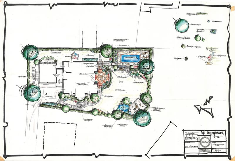 Architectural floor plan of a residential property with detailed landscaping, including a swimming pool, patio, and multiple outdoor seating areas.