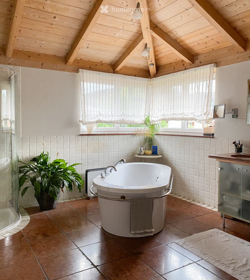 Bathroom with a large bathtub, wooden ceiling, white tiled walls, and a glass shower enclosure. Features include a vanity with a mirror, a potted plant, and a towel draped over the tub.