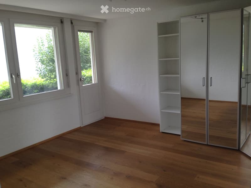 Empty room with wooden flooring, white walls, large windows, and a built-in wardrobe with mirrored doors.