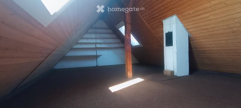 Empty attic space with wooden walls, exposed wooden beams, skylights, and a small built-in shelf. No furniture or equipment present.