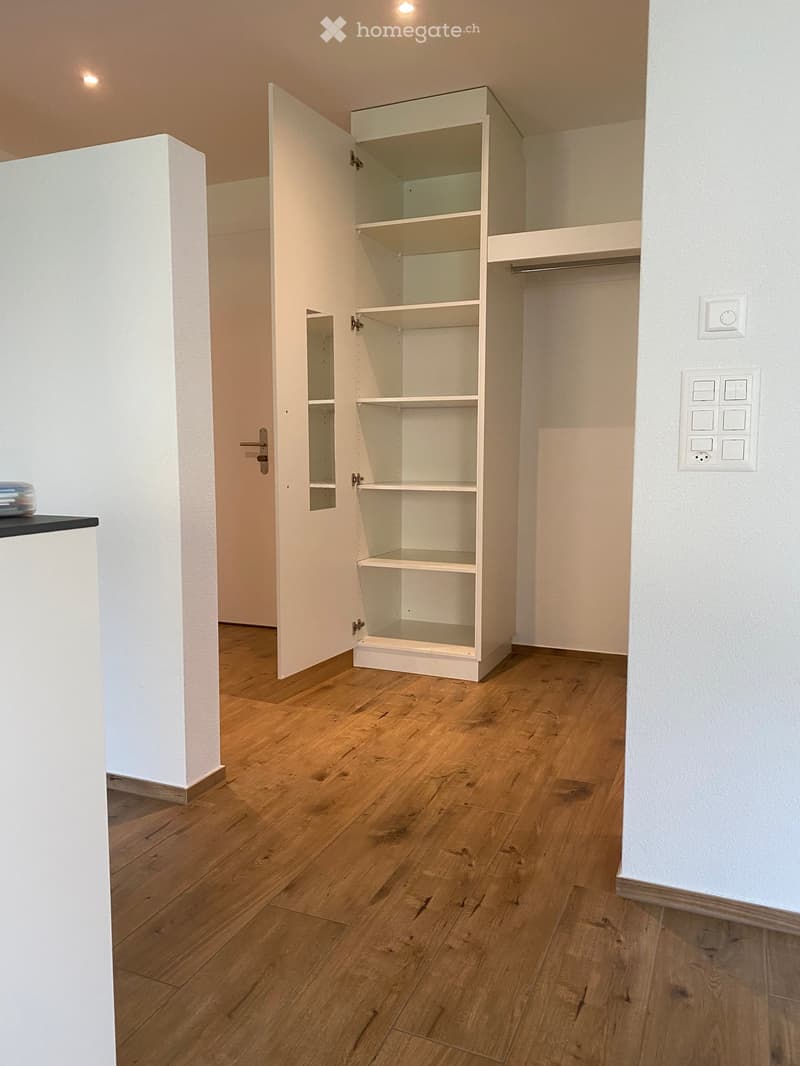 Empty room with wooden flooring, white walls, and a built-in white closet with open shelves and a mirrored door.