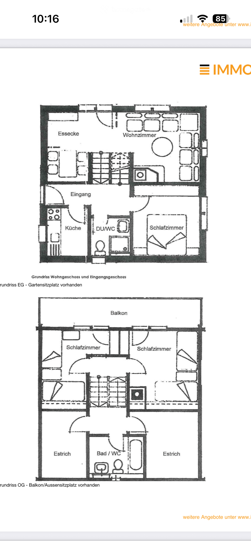 Floor plan showing two levels: ground floor with living room, dining area, kitchen, bathroom, and bedroom; upper floor with two bedrooms, bathroom, hallway, and balcony.