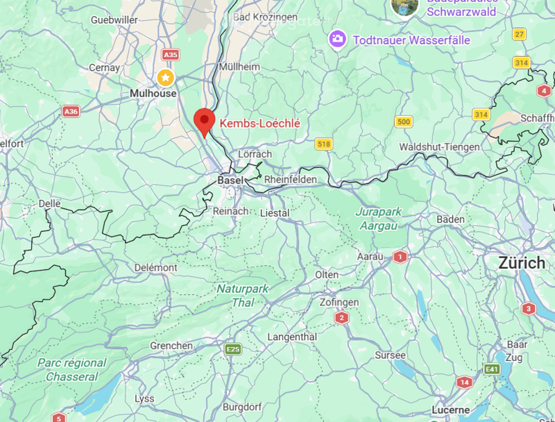 Map showing the location of Kembs-Loechlie in Switzerland, surrounded by nearby towns and roads.