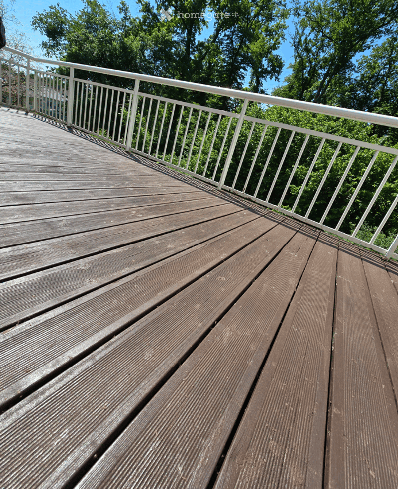 Wooden deck with white metal railing, surrounded by green trees under a clear blue sky.