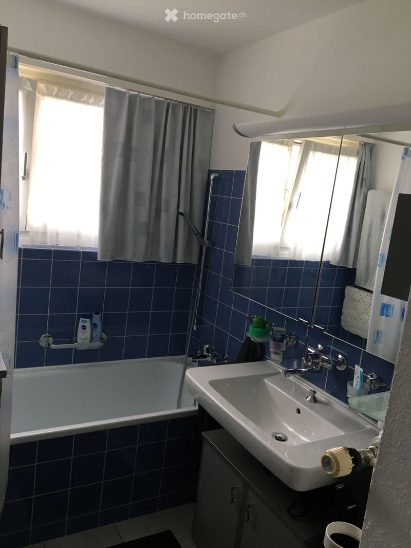 Bathroom with blue tiled walls, a bathtub, a double sink, a mirror, and a shower curtain. The room has a window with a curtain and a towel rack with a towel.