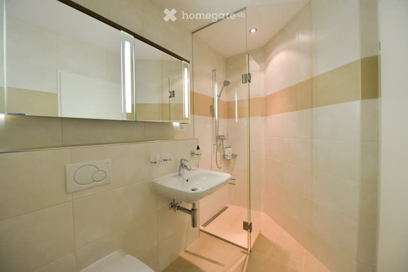 Modern bathroom with a white sink, mirror, glass-enclosed shower, and beige tiles.