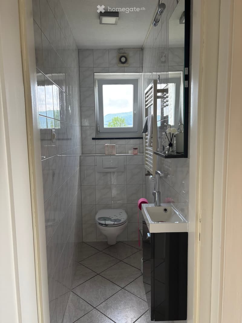 Modern bathroom with grey tiled walls and floor, a toilet, a sink with a mirror, and a window offering a view of greenery.