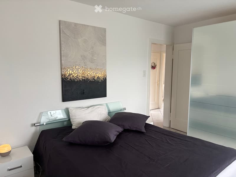Modern bedroom with a dark-colored bed, white pillows, a nightstand with a lamp, and a large abstract painting on the wall.
