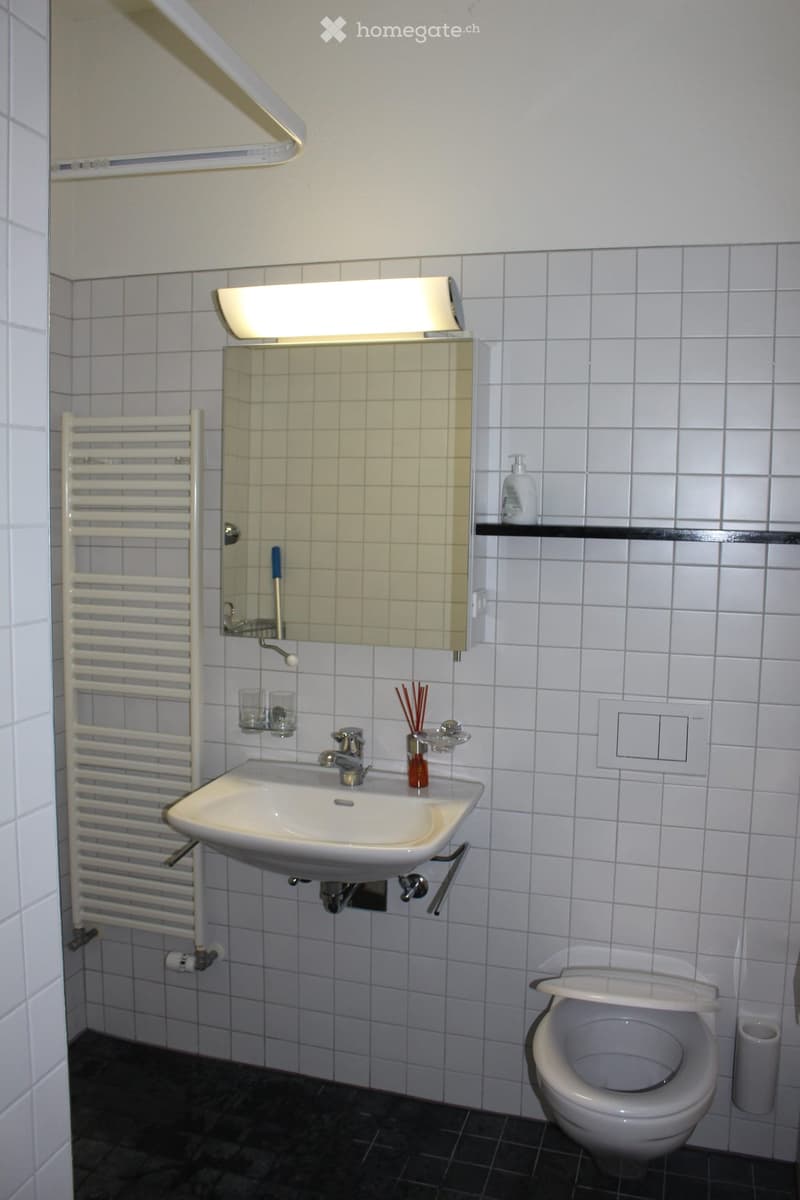 A small bathroom with white tiled walls and a dark tiled floor. Features include a sink with a mirror above it, a towel rack, a toilet, and a soap dispenser on a shelf.