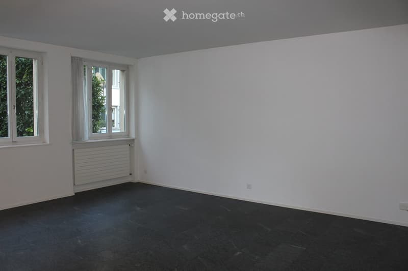 Empty room with white walls, dark tiled floor, two windows with curtains, radiator, and electrical outlets.