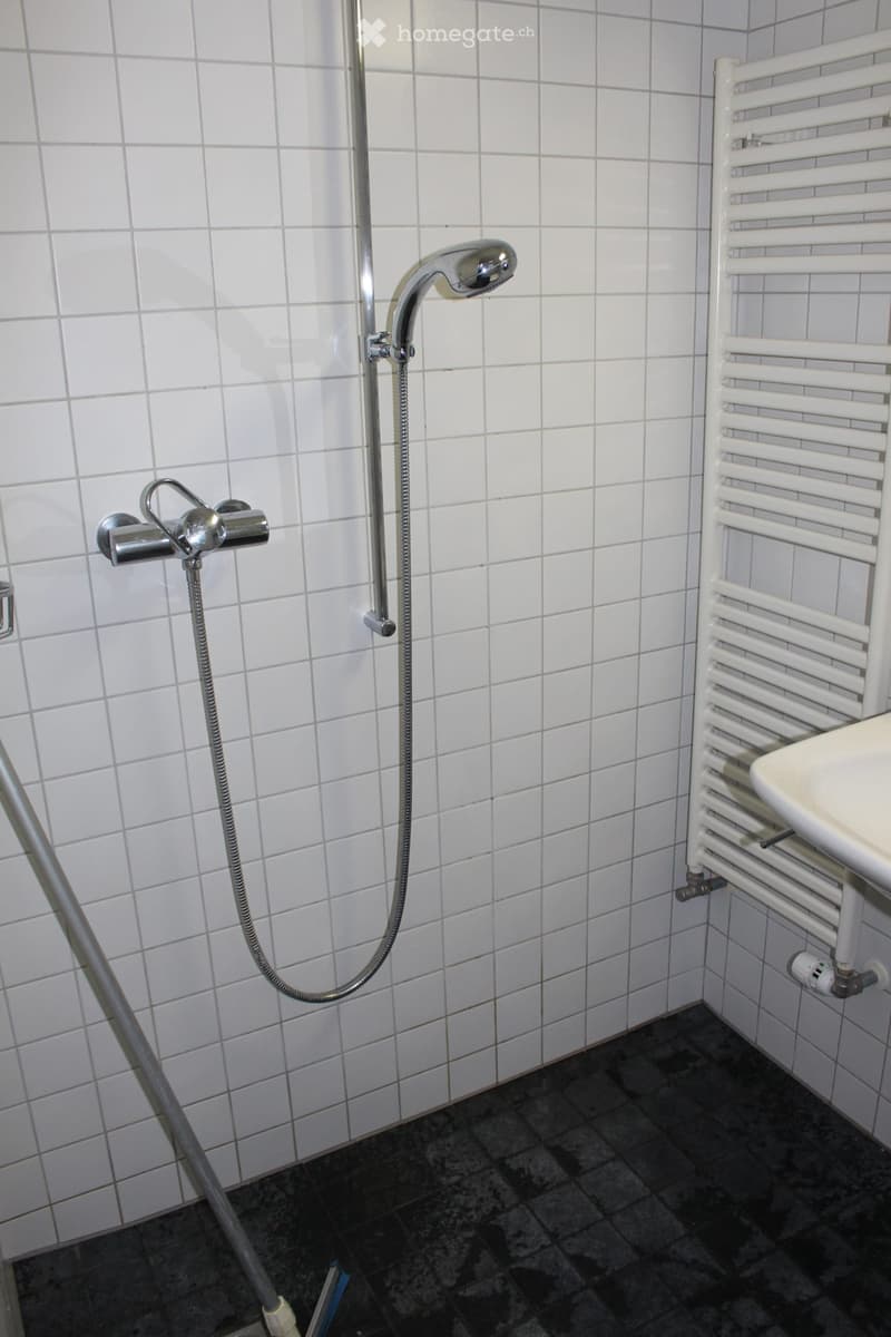 Shower area with white tiled walls, a showerhead, a faucet, a radiator, and a sink.