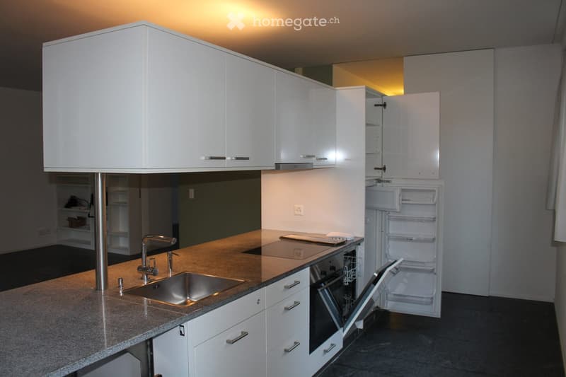 Modern kitchen with white cabinets, granite countertop, stainless steel sink, and open refrigerator and dishwasher.