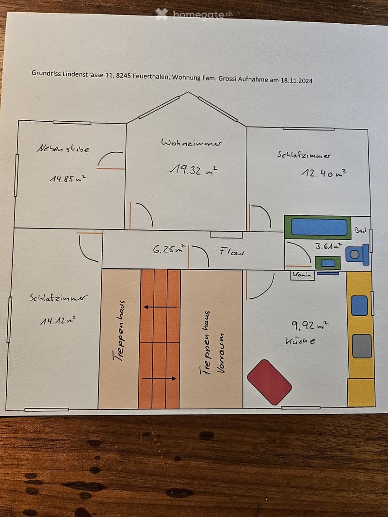 Floor plan of a 3-room apartment with living room, two bedrooms, kitchen, bathroom, hallway, and staircase.