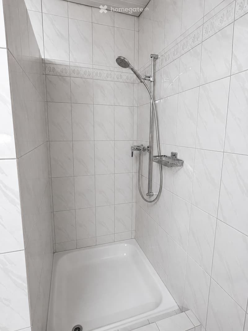 Modern bathroom with white tiled walls, a bathtub, a handheld showerhead, and a shower rack.